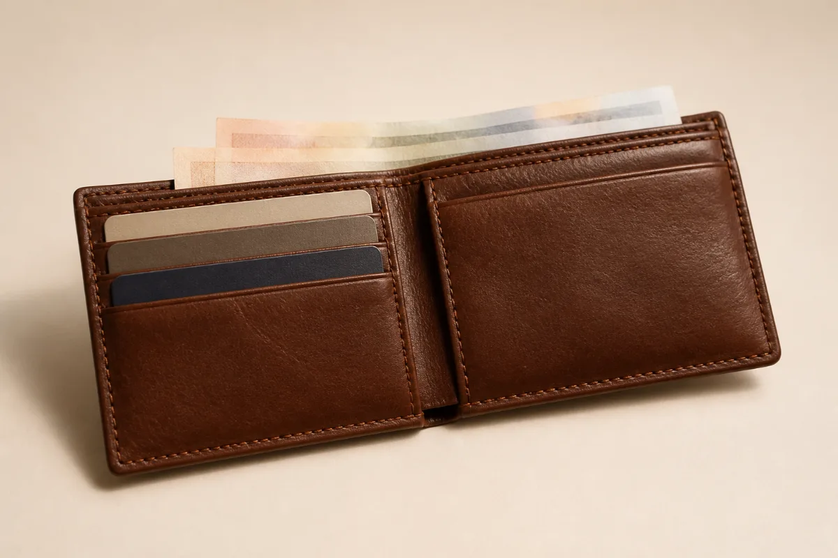Open brown bifold leather wallet with cards and folded notes