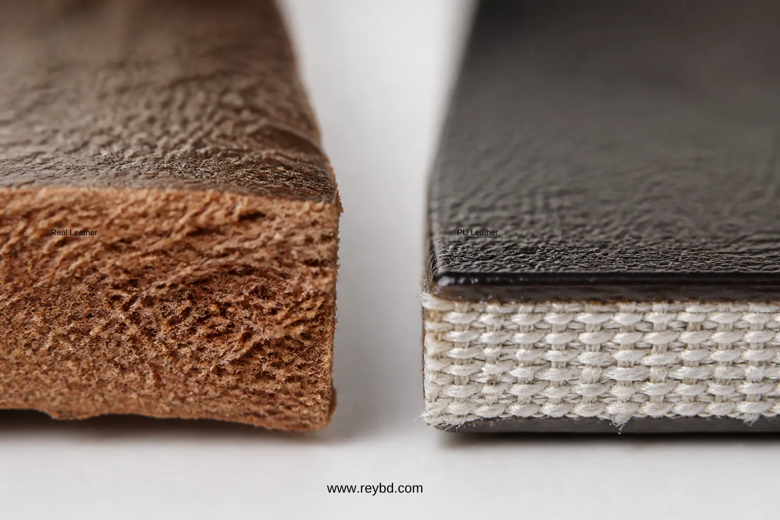 Checking the cut edge: layered fabric backing on PU versus dense fibres on genuine leather