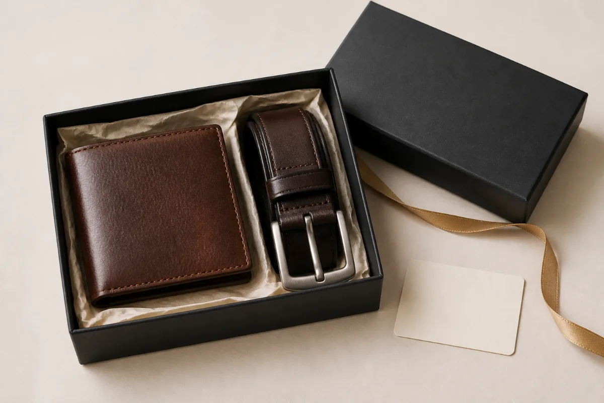 Brown leather wallet and rolled leather belt in an open black gift box