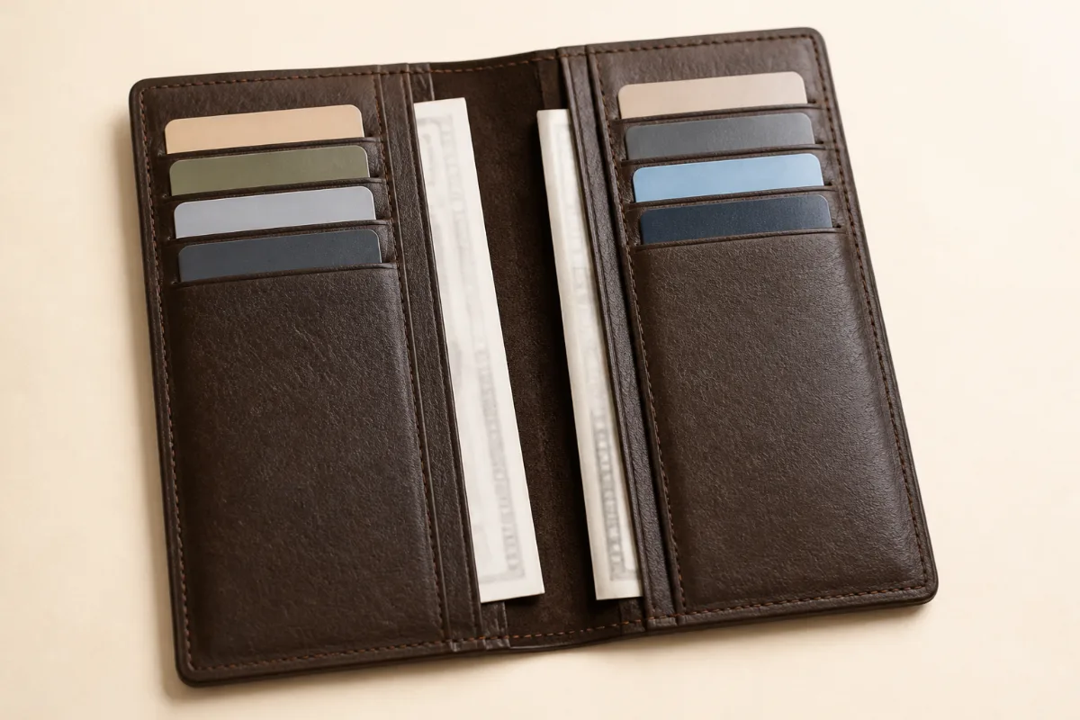 Open dark brown long leather wallet with flat notes and rows of cards