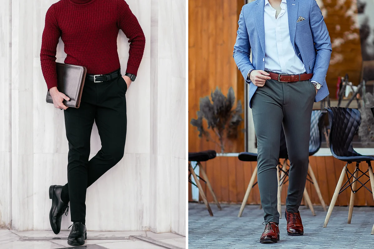 Black and brown leather belts matched with matching leather shoes