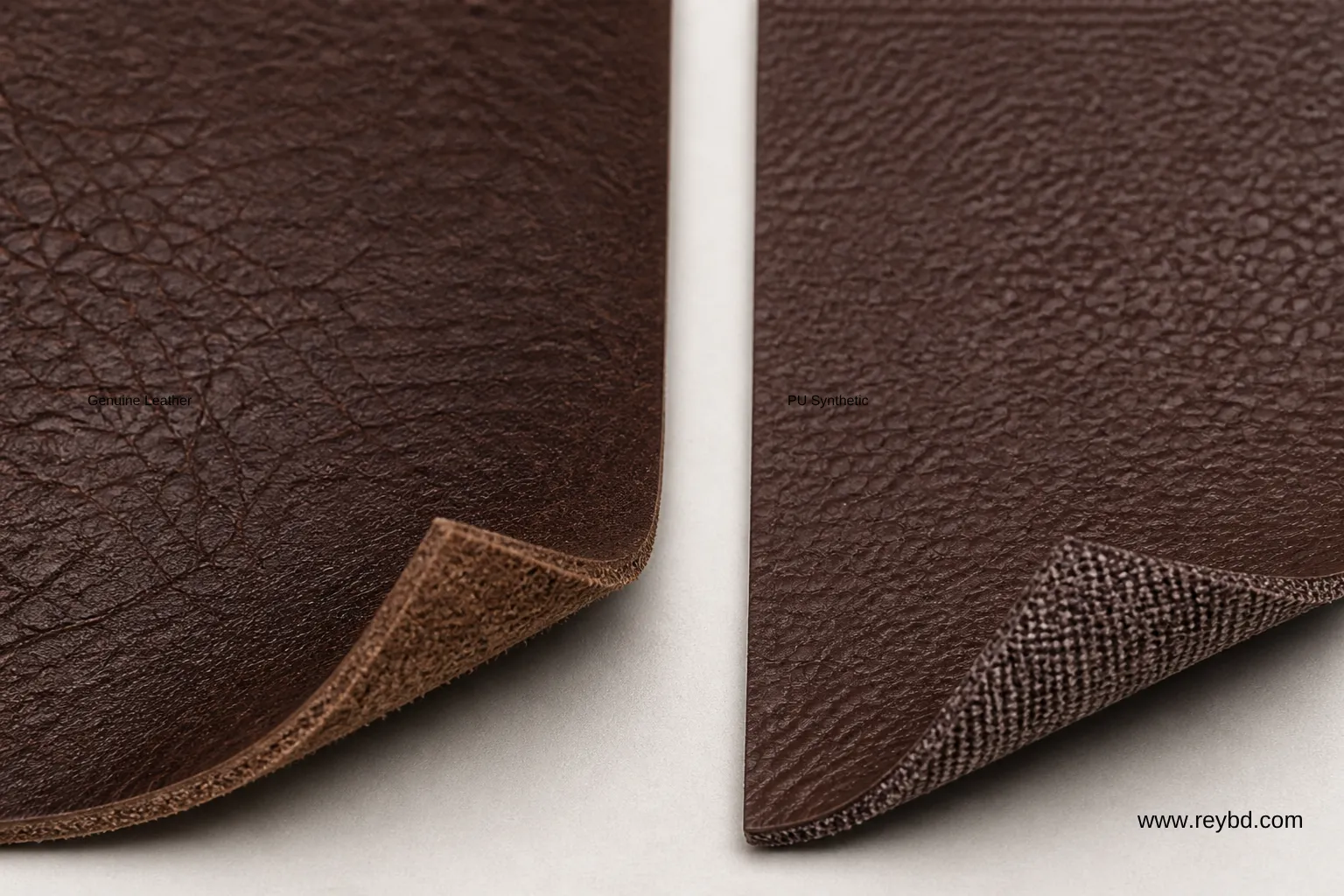 Close-up comparison of PU leather and genuine leather surfaces side by side
