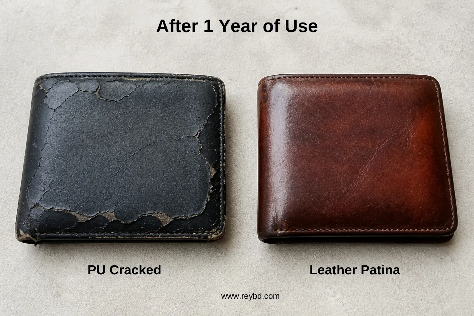 A cracked, peeling PU wallet next to a genuine leather wallet that has developed a patina